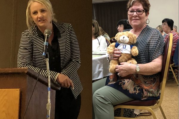 Split photo - Judy Patten from Parisi House and volunteer with Hug-a-Bear